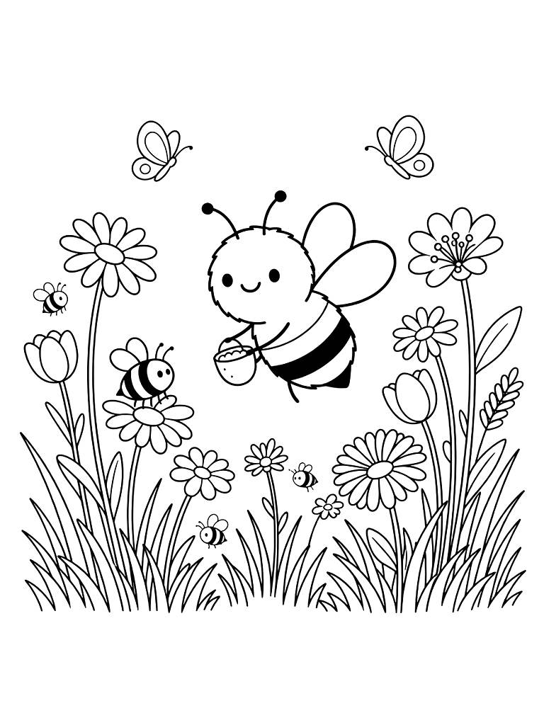 Spring Wildflower Meadow And Honey Bees coloring page — free printable for kids and adults
