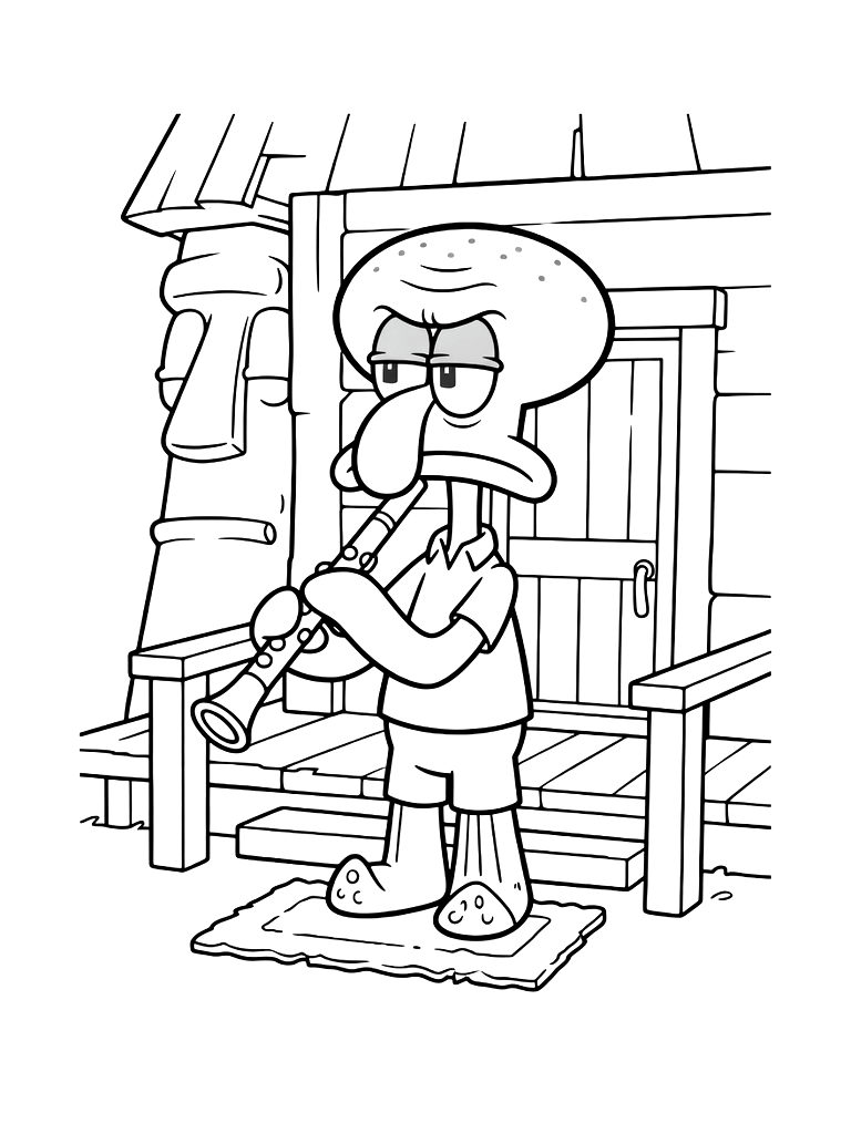 Squidward Tentacles Playing His Clarinet On His Front Porch With A Grumpy Expression Coloring Page