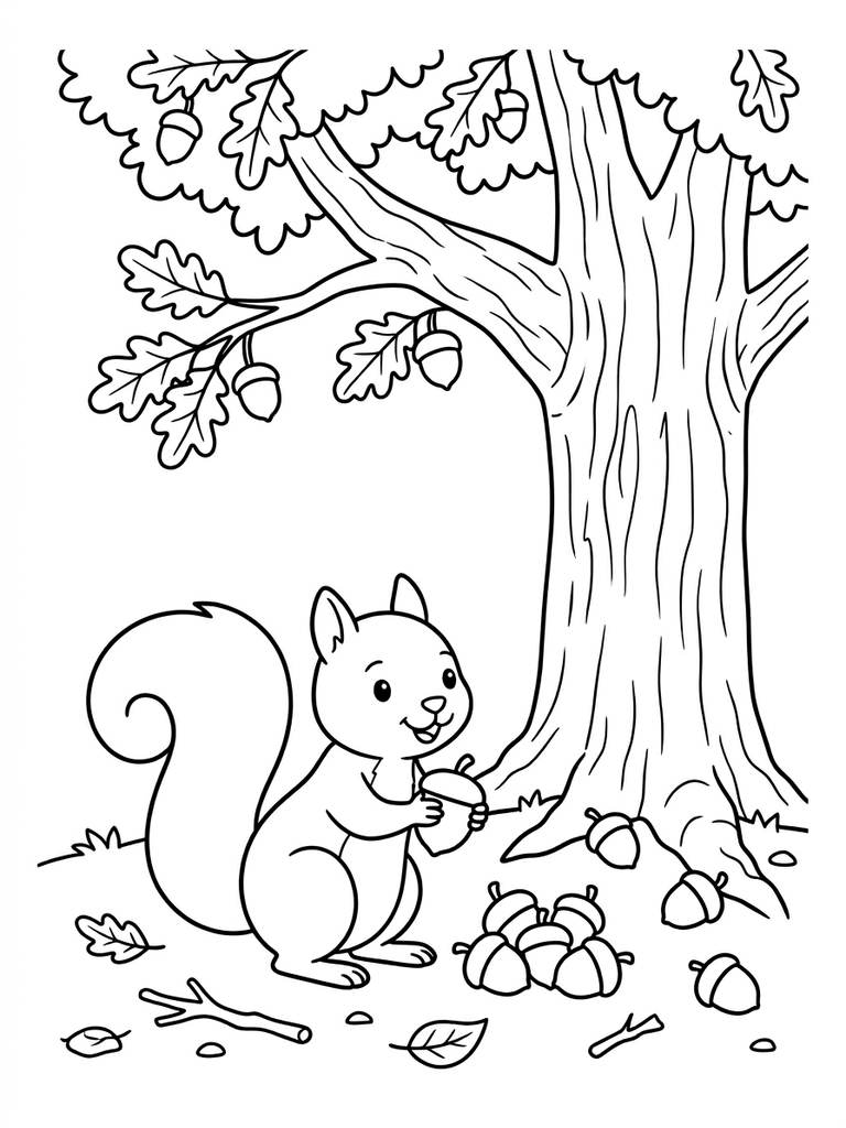 Squirrel Gathering Acorns Under A Big Oak Tree In Fall Coloring Page
