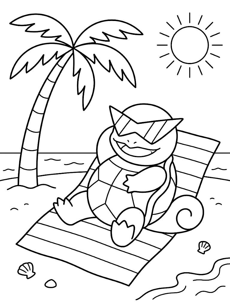 Squirtle Wearing Cool Triangular Sunglasses Relaxing On A Striped Beach Towel Under A Sunny Palm Tree Coloring Page