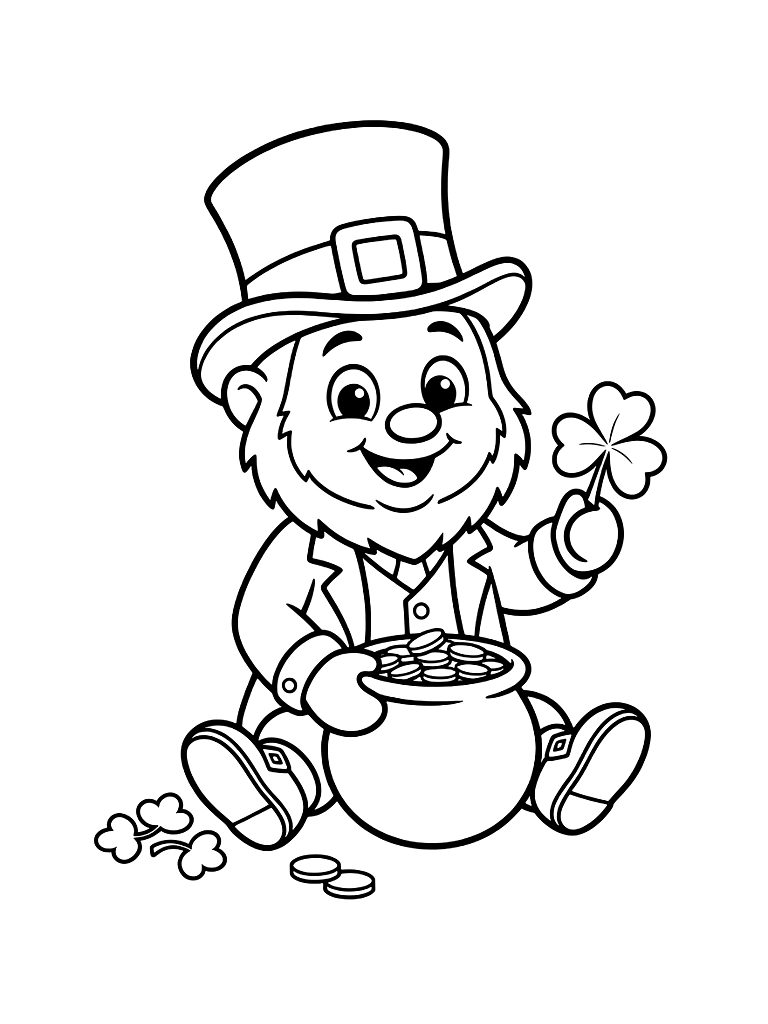 St. Patrick’s Day Leprechaun With A Pot Of Gold And Clovers Coloring Page