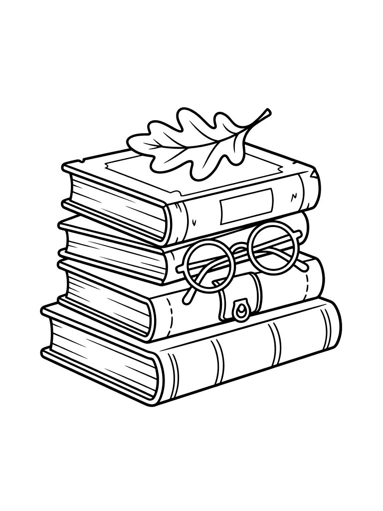 Stack Of Old Leather-bound Books With A Fallen Oak Leaf And A Pair Of Spectacles Coloring Page