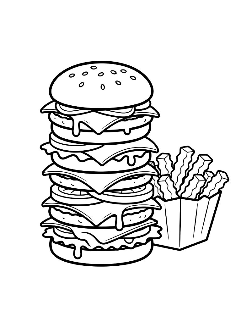 Stack Of Smash Burgers With Melting Cheese And Crinkle-cut Fries In A Paper Basket Coloring Page — free printable for kids and adults