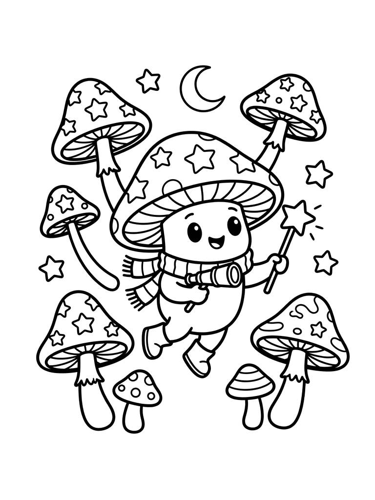 Starfield Mushroom Scene Coloring Page