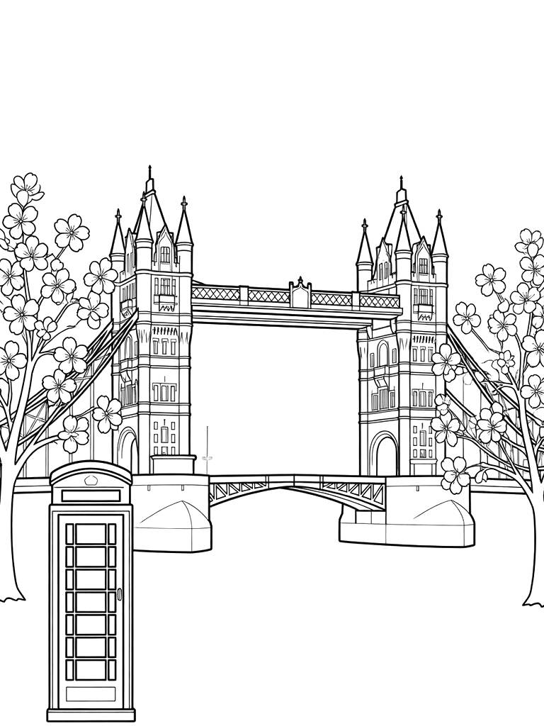 Stately Tower Bridge In London Framed By Blooming Pink Cherry Blossom Trees And A Classic Red Telephone Box In The Foreground coloring page — free printable for kids and adults