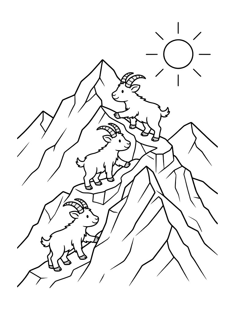 Steep Mountain Ridge With A Group Of Mountain Goats Climbing Rocky Ledges Under A Bright Sun Coloring Page