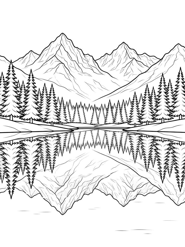 Still Lake Reflecting Snow-capped Mountains And Pine Trees Coloring Page