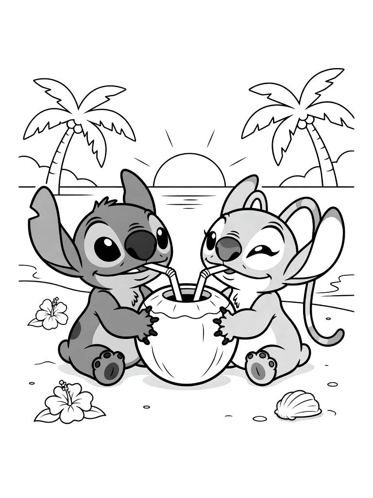 Stitch And Angel Sharing A Giant Coconut Drink With Two Straws On A Hawaiian Beach At Sunset Coloring Page — free printable for kids and adults