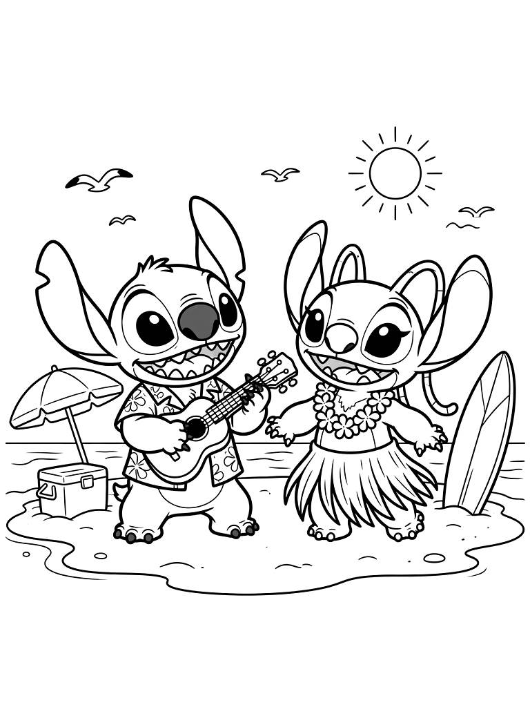 Stitch And Angel Summer Beach Party Coloring Page