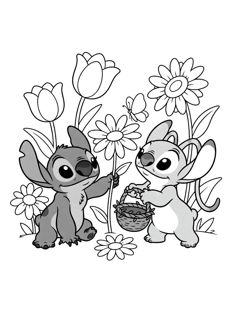 Stitch & Angel Floral Adventures Coloring Page