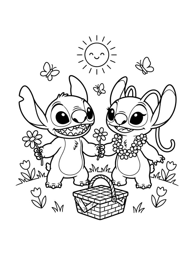 Stitch & Angel Spring Date coloring page — free printable for kids and adults