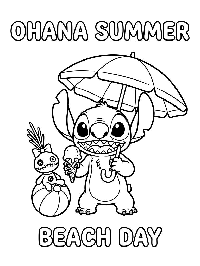 Stitch Beach Day & Ohana Summer coloring page — free printable for kids and adults