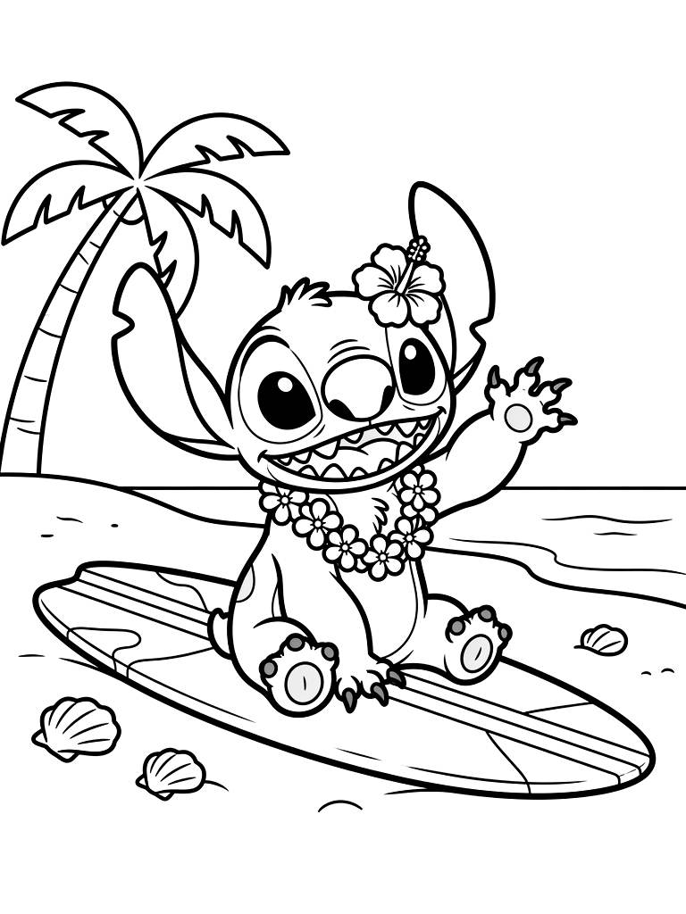Stitch Hawaiian Beach Summer coloring page — free printable for kids and adults