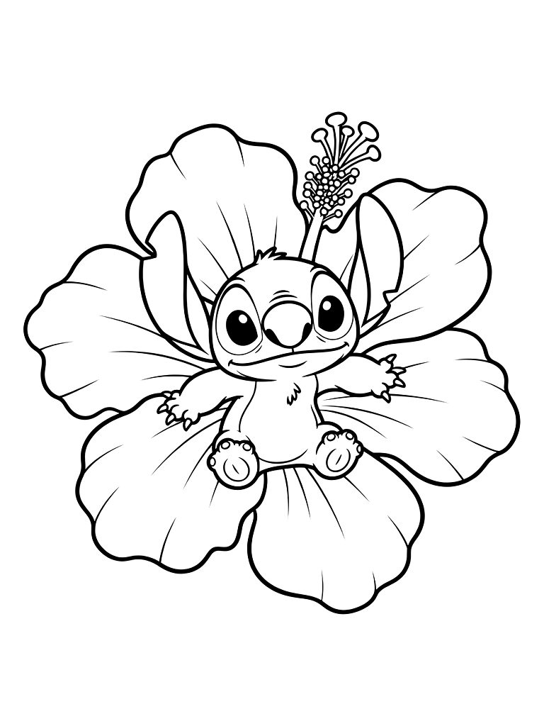 Stitch Hiding Inside The Petals Of A Large Tropical Pink Hibiscus Flower Coloring Page — free printable for kids and adults