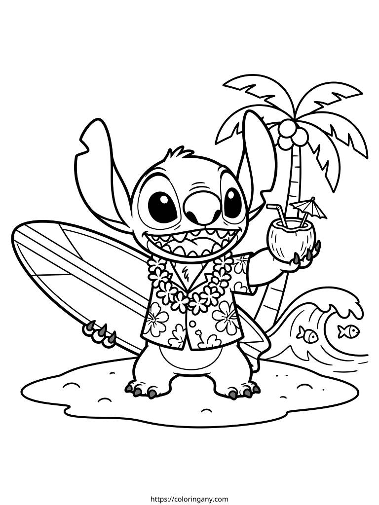 Stitch's Hawaiian Summer Adventure Coloring Page