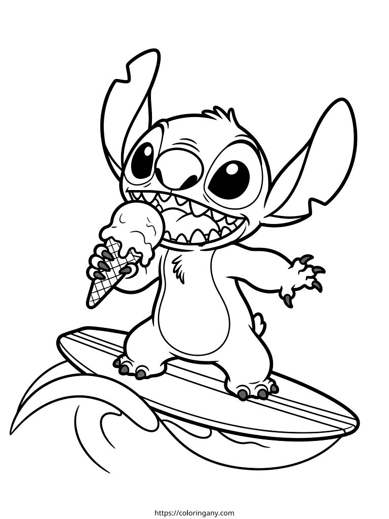 Stitch Surfing & Eating Ice Cream Coloring Page