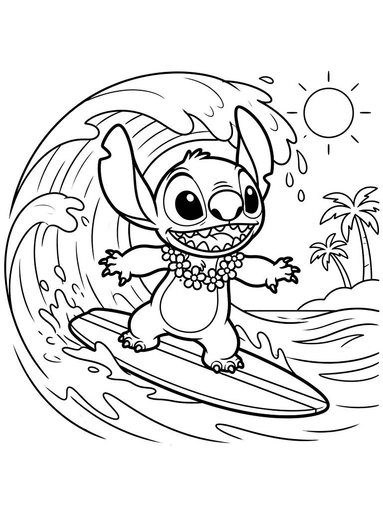 Stitch Surfing On A Giant Tropical Ocean Wave Coloring Page