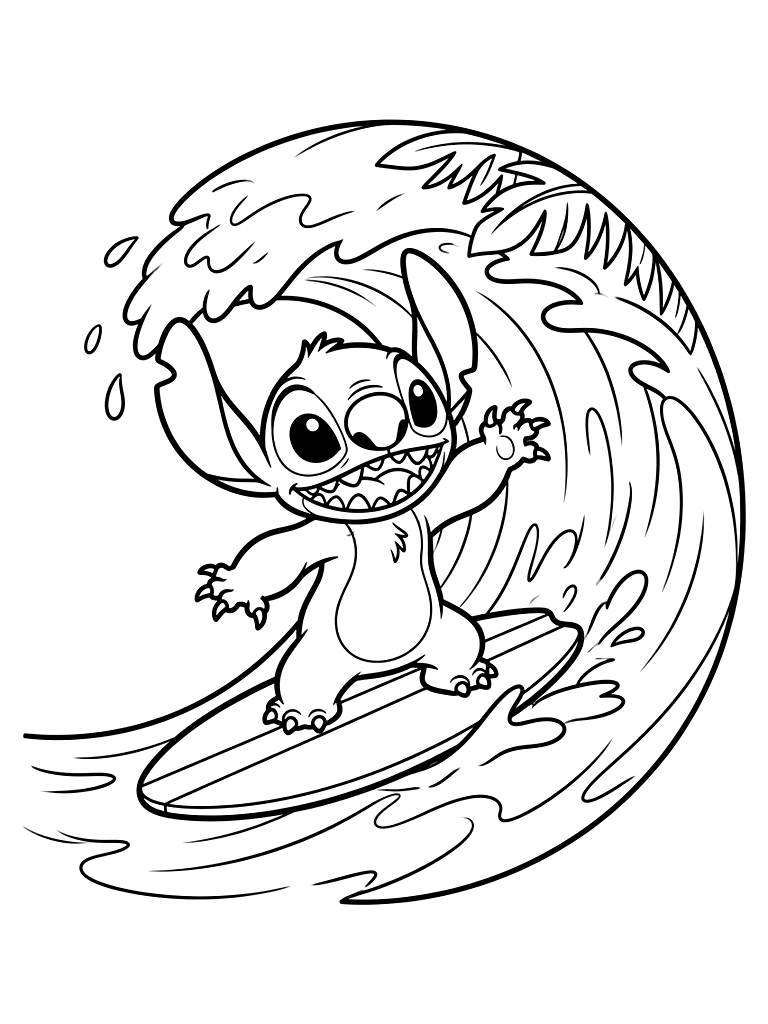 Stitch Surfing On A Giant Tropical Ocean Wave Coloring Page