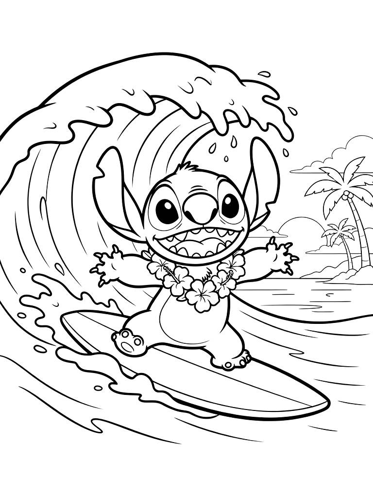 Stitch Surfing On A Massive Wave In Hawaii With A Flower Lei Around His Neck And A Sunset Background Coloring Page