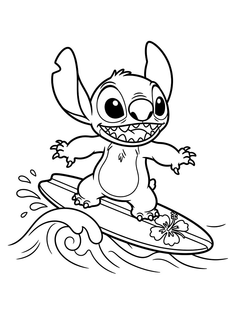 Stitch Surfing On Hawaiian Summer Waves coloring page — free printable for kids and adults
