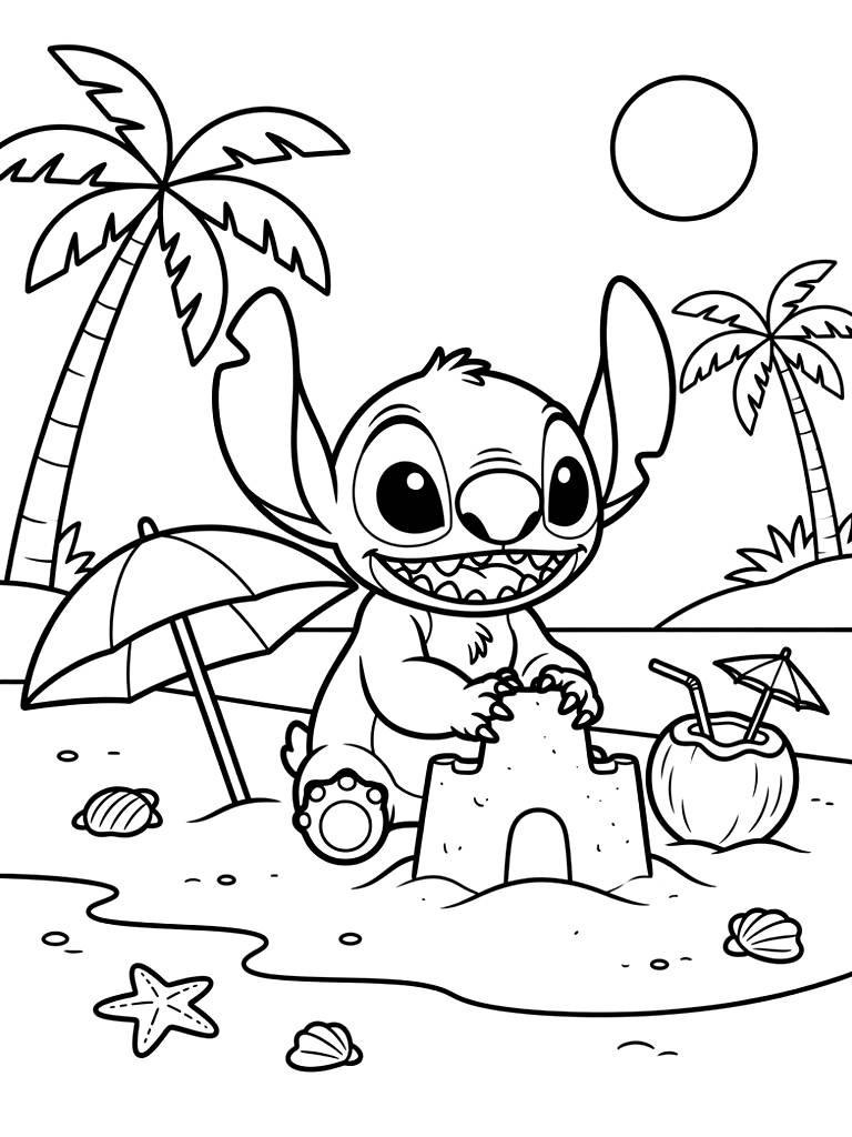 Stitch Tropical Summer Beach Scene Coloring Page