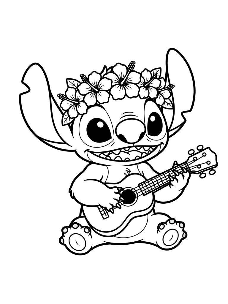Stitch Wearing A Flower Crown And Playing A Ukulele On A Tropical Beach Coloring Page — free printable for kids and adults