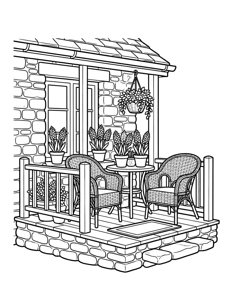 Stone Cottage Porch With Wicker Chairs And Potted Hyacinths Coloring Page — free printable for kids and adults