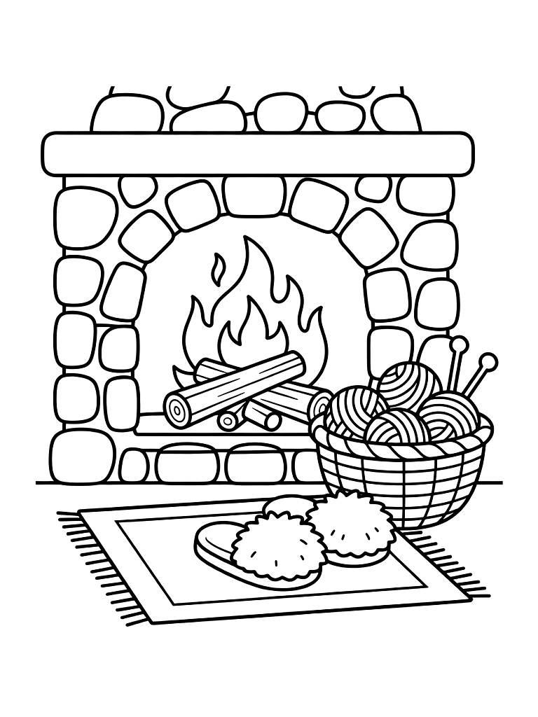 Stone Fireplace With A Roaring Fire Coloring Page