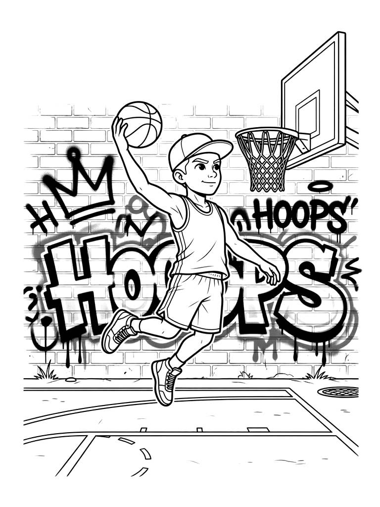 Street Basketball Court With Graffiti Art And A Dynamic Player Coloring Page