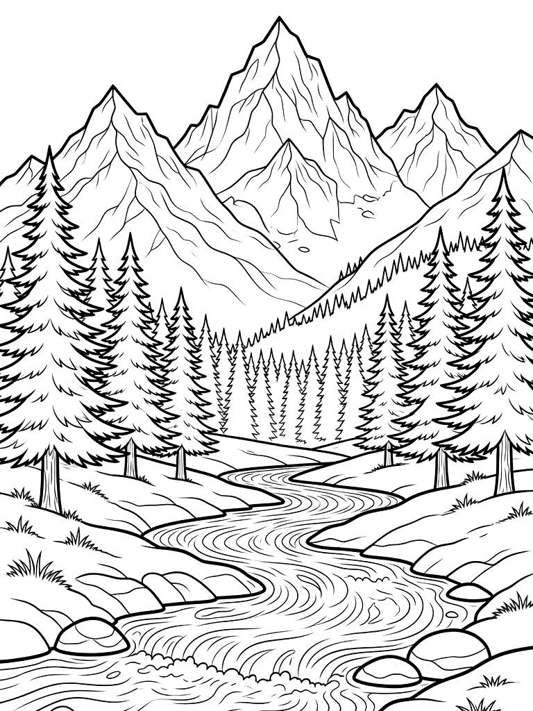 Stunning Pacific Northwest Mountain Range With Towering Snow-capped Peaks Behind A Forest Of Tall Pine Trees And A Rushing River coloring page — free printable for kids and adults