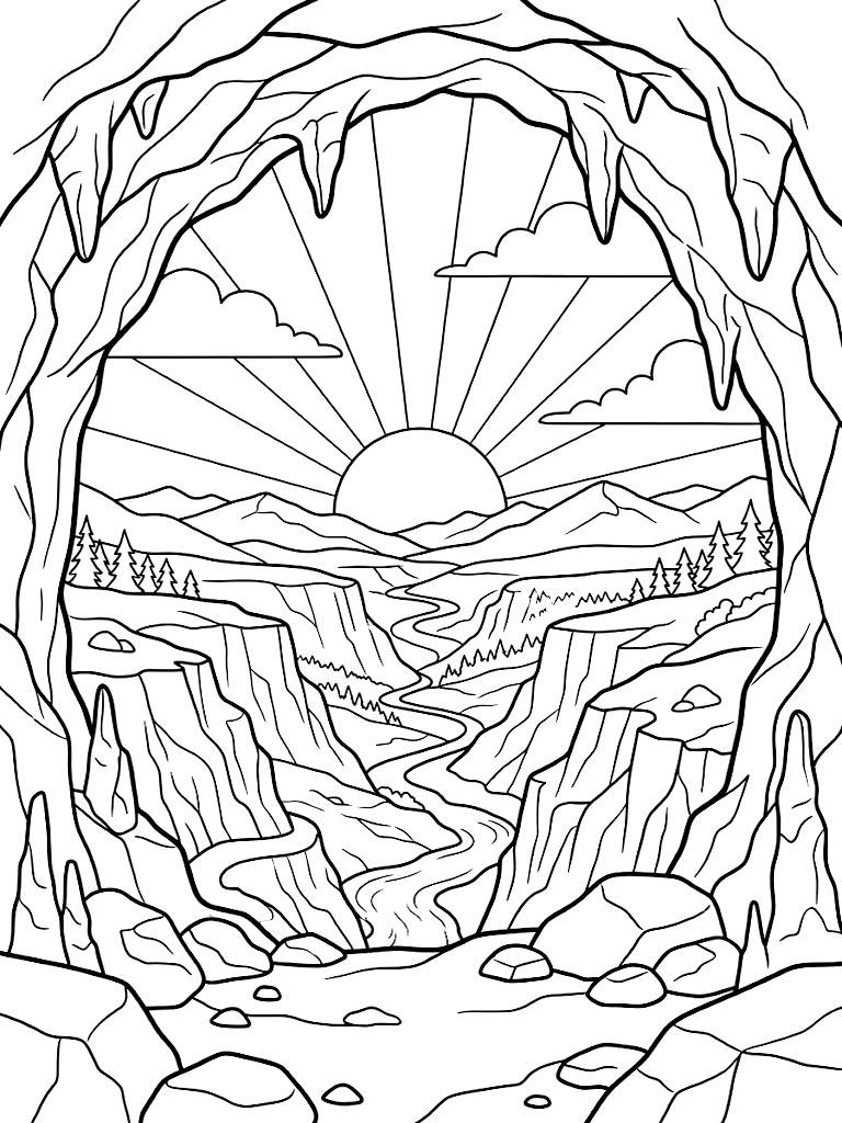 Stunning View From Inside A Dark Rocky Cave Looking Out At A Brilliant Sunrise Over A Deep Mountain Gorge Coloring Page