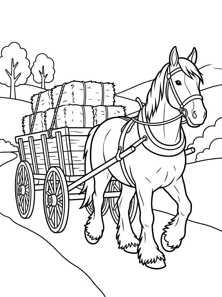 Sturdy Clydesdale Draft Horse With Feathery Hooves Pulling A Rustic Wooden Wagon Loaded With Fresh Hay Bales Down A Sunny Lane coloring page — free printable for kids and adults