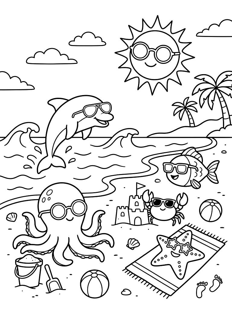 Summer Beach Day With Cute Sea Animals Wearing Sunglasses coloring page — free printable for kids and adults