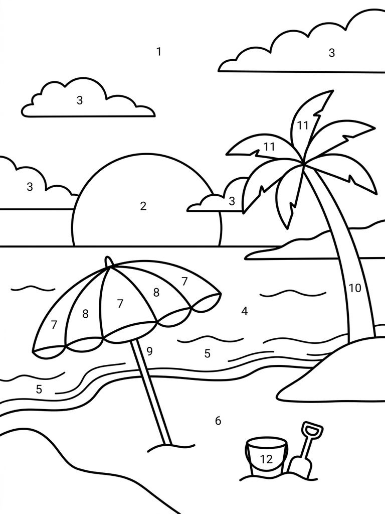Summer Beach Sunset With Umbrella By Number Coloring Page