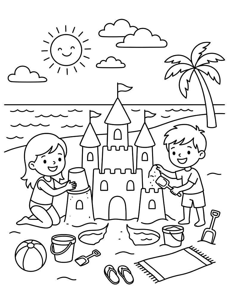 Summer Beach Vacation And Sandcastles Coloring Page