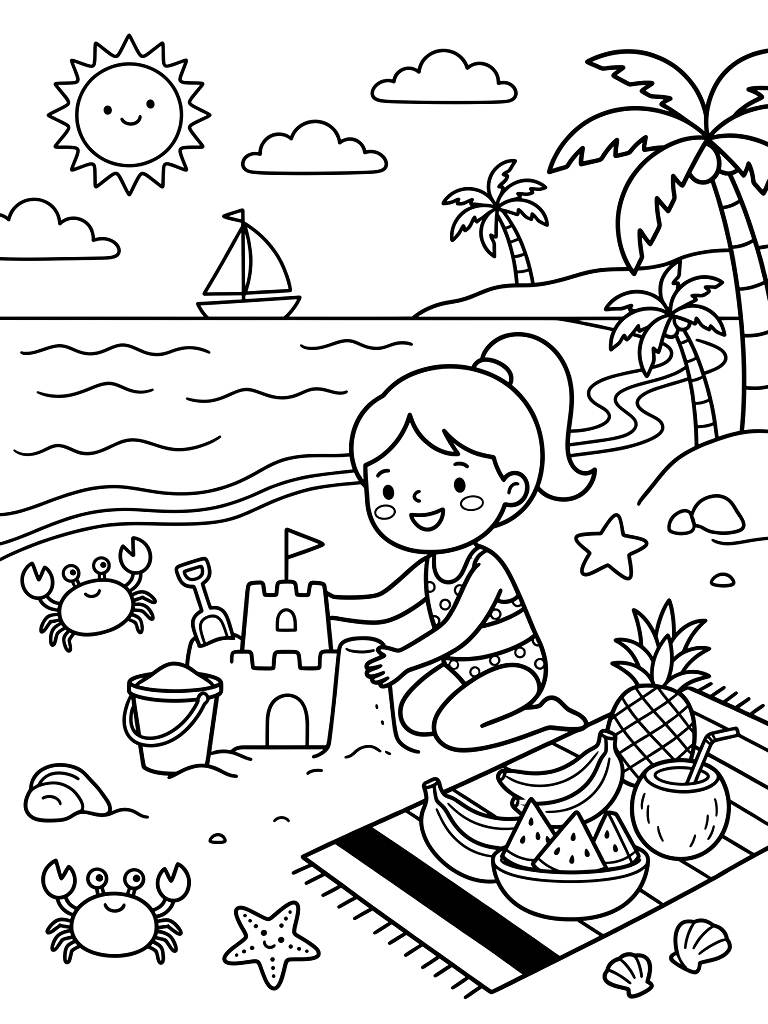 Summer Beach Vacation And Tropical Fruit Vibes Coloring Page