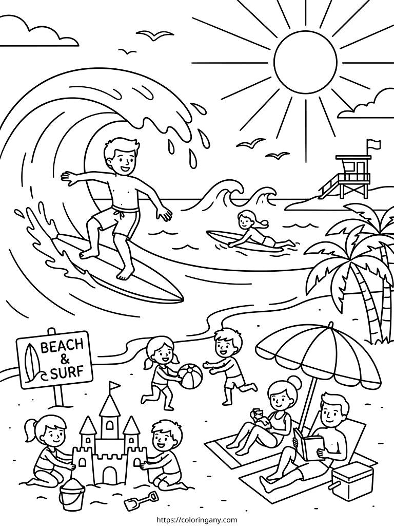 Summer Beach Vacation & Surfing Scenes Coloring Page
