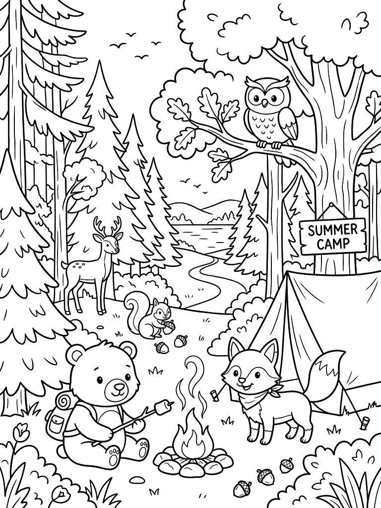 Summer Camp Forest And Woodland Creatures Coloring Page