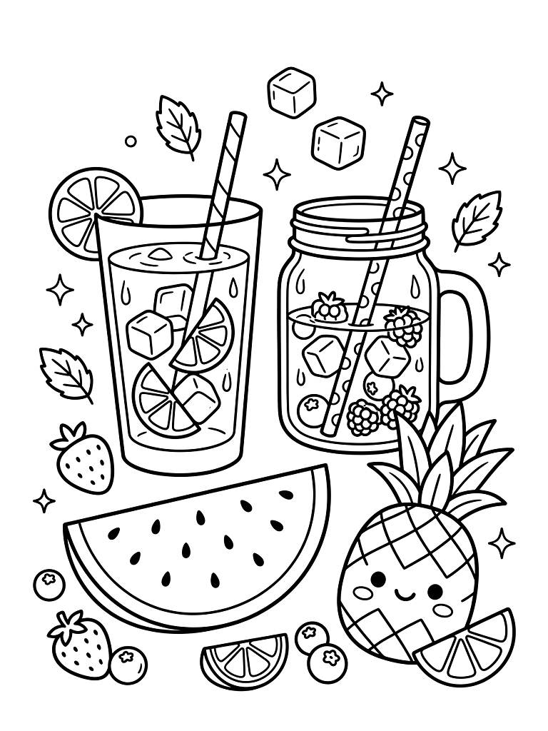 Summer Fruit & Cold Beverage Aesthetics Coloring Page