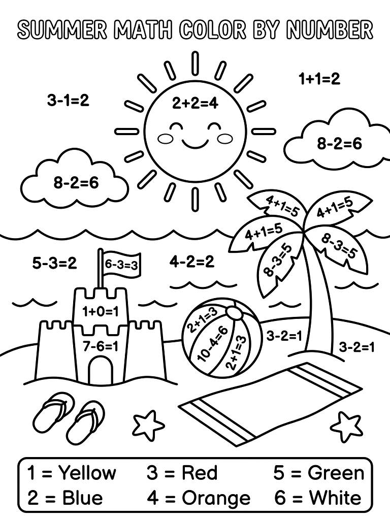 Summer Themed Math Color By Number coloring page — free printable for kids and adults