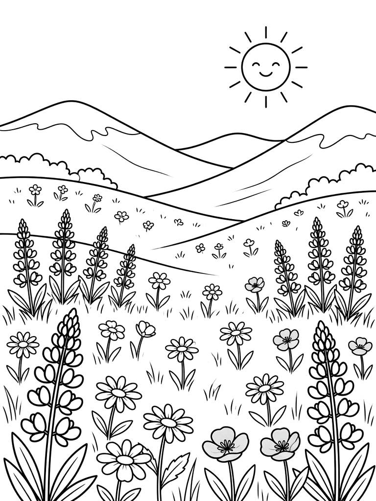 Sun-drenched Alpine Meadow Filled With Blooming Purple Lupines coloring page — free printable for kids and adults