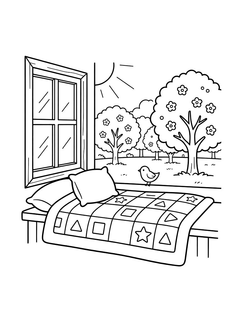 Sun-drenched Cottage Window Seat With A Patchwork Quilt And A View Of A Blossoming Apple Orchard Coloring Page