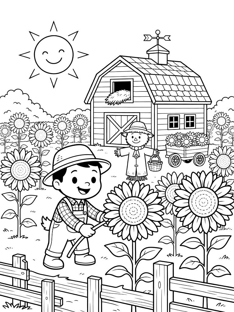 Sunflower Field Harvest With A Red Barn And Summer Sun Coloring Page
