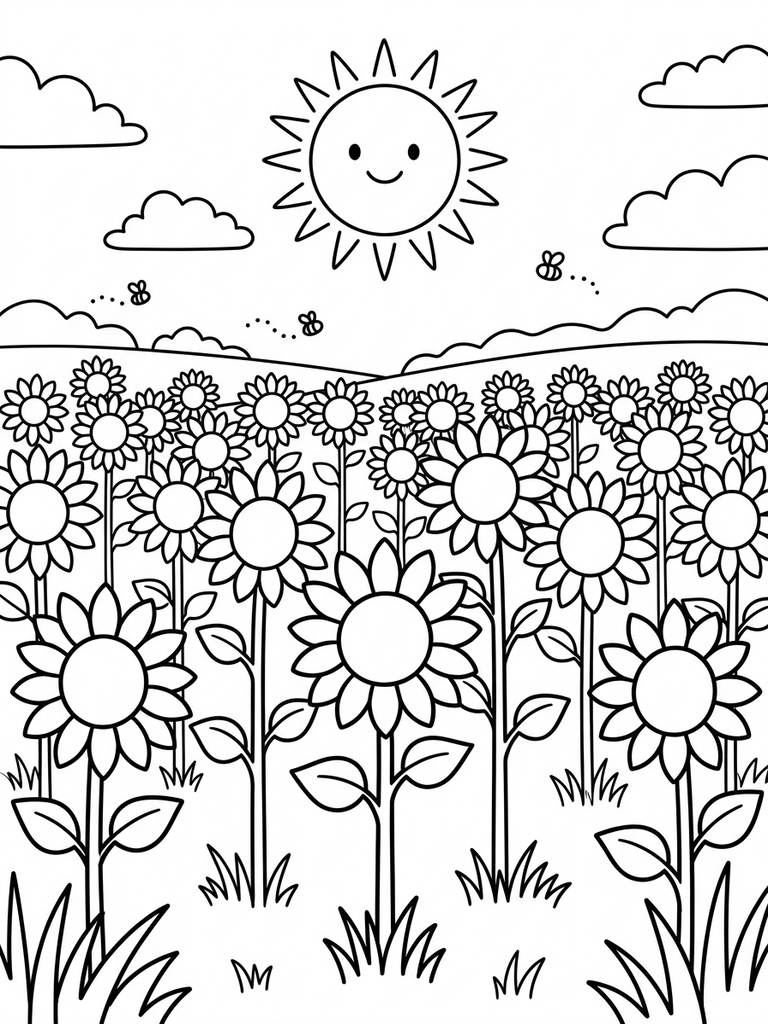 Sunflower Field Under Bright Sun Coloring Page