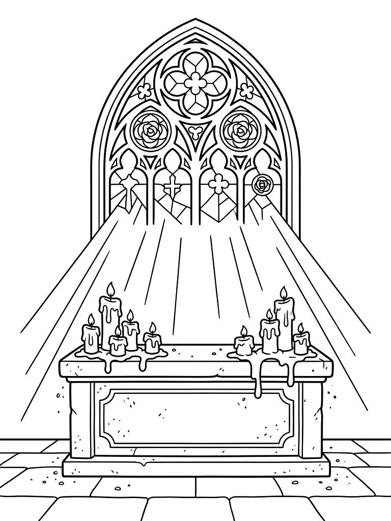Sunlight Beaming Through An Intricate Gothic Cathedral Stained Glass Window Illuminating A Dusty Stone Altar Covered In Melting Wax Candles Coloring Page