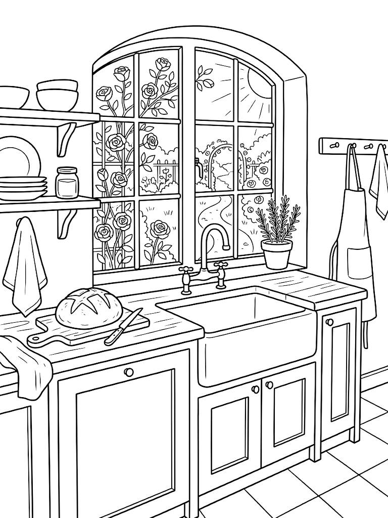 Sunlit Cottage Kitchen With A Deep Farmhouse Sink Freshly Baked Sourdough Bread And A View Of A Blooming Rose Garden coloring page — free printable for kids and adults