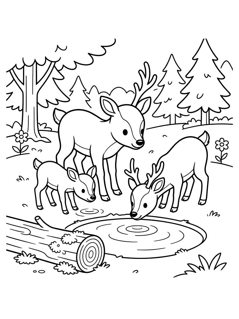 Sunlit Forest Clearing With A Mossy Log And A Family Of Deer Drinking From A Small Pond Coloring Page