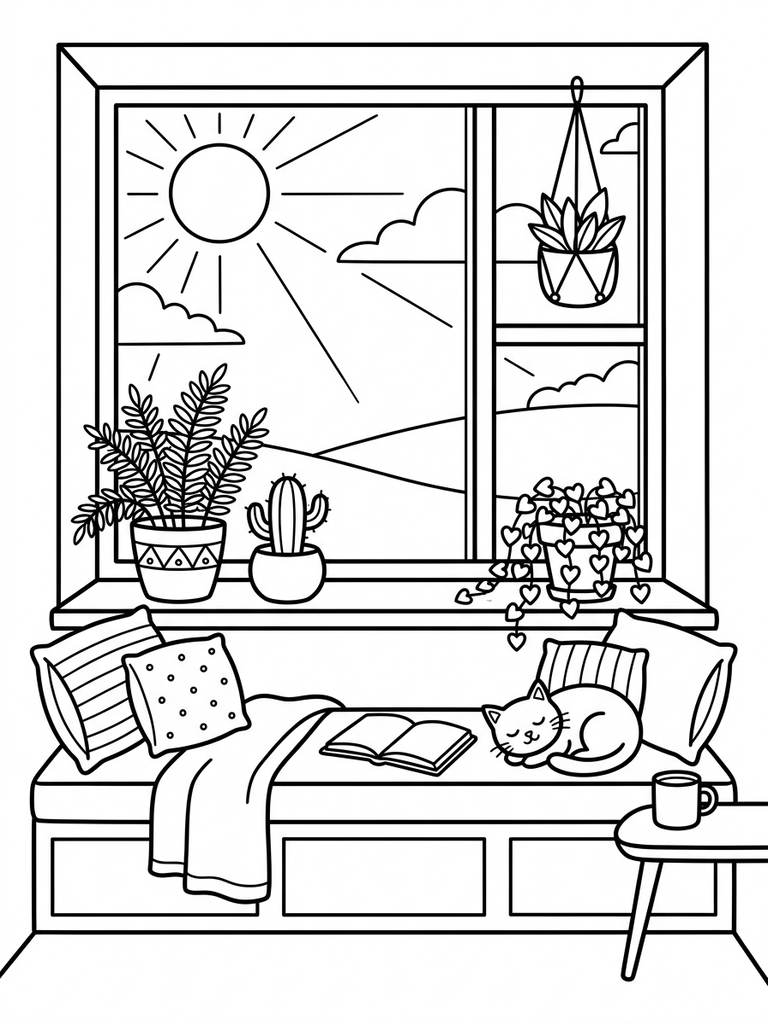 Sunny Window Seat With Plants Coloring Page