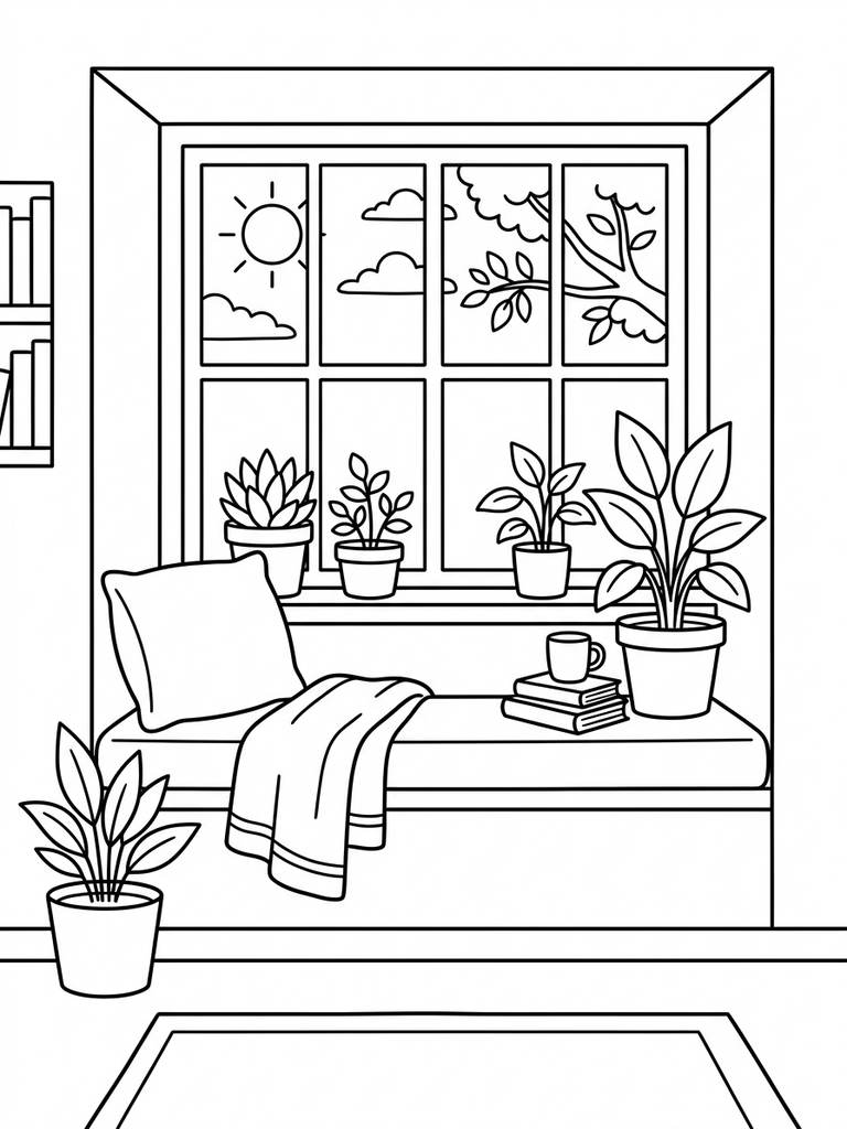 Sunny Window Seat With Plants Coloring Page