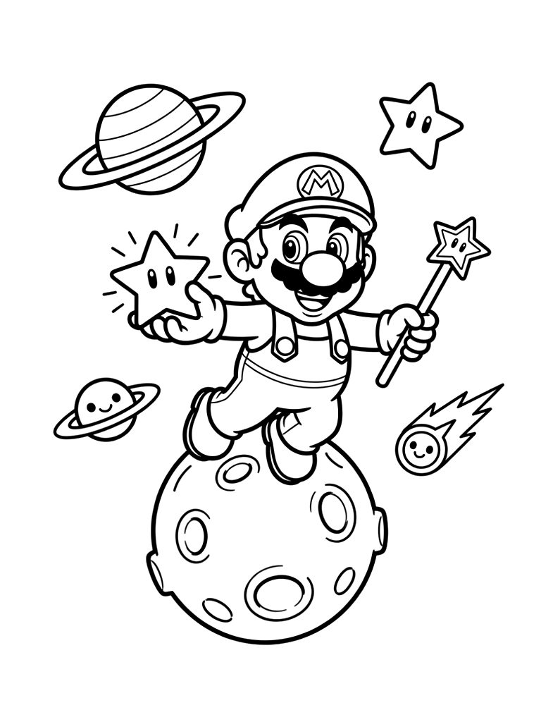 Super Mario Galaxy Space Adventure Coloring Scene coloring page — free printable for kids and adults
